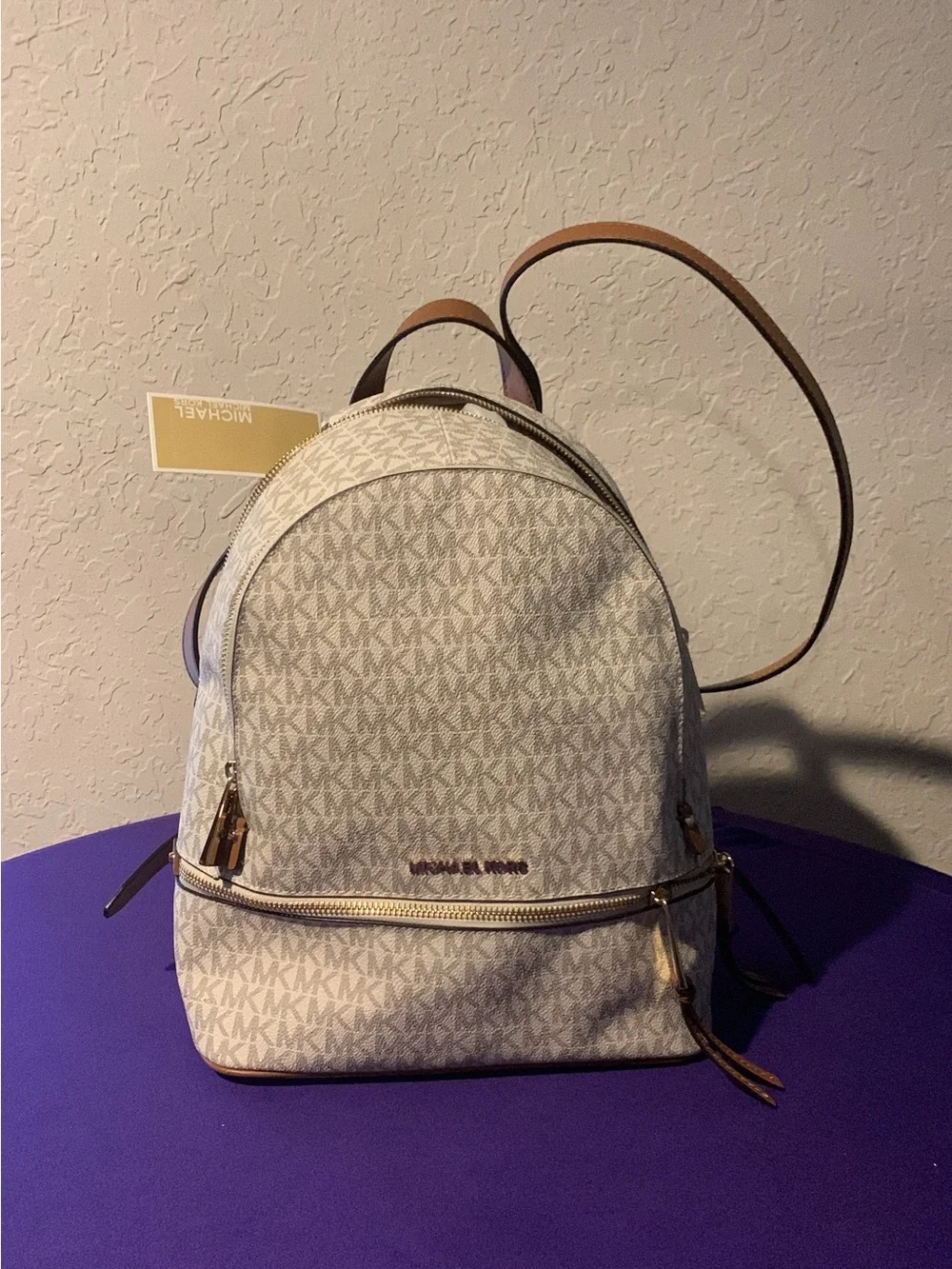 Michael Kors Beige Signature Mini Backpack with Brown Trim